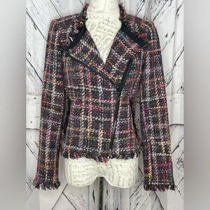 CARLISLE Vintage Boucle’ Plaid Fringed Jacket Moto Style Zipper 2